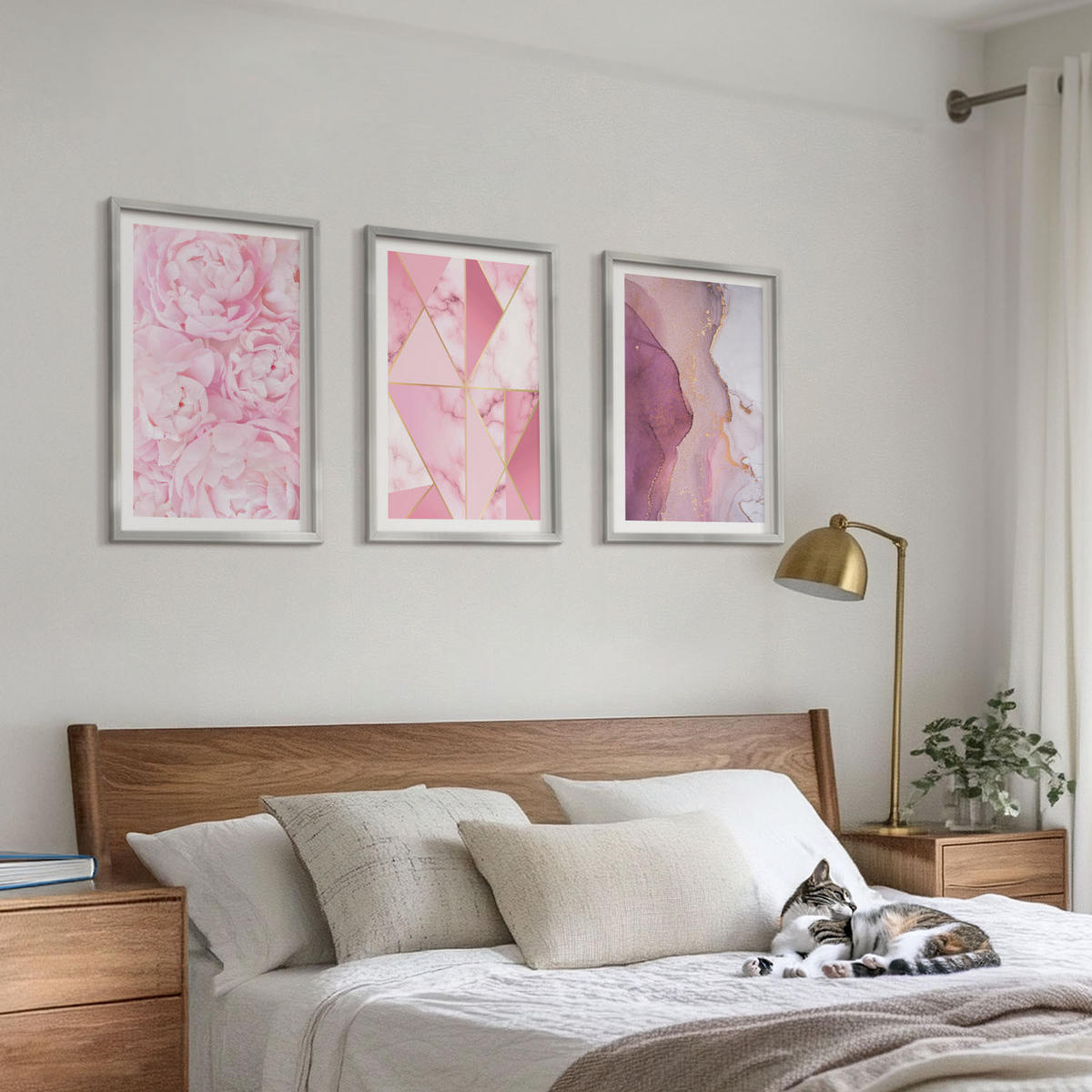 BILDER SET 3er Set - 40x60 cm Silberner Rahmen - Rosa geometrische Pfingstrosen - Silberfarben, Kunststoff (40/60cm) - TULUP