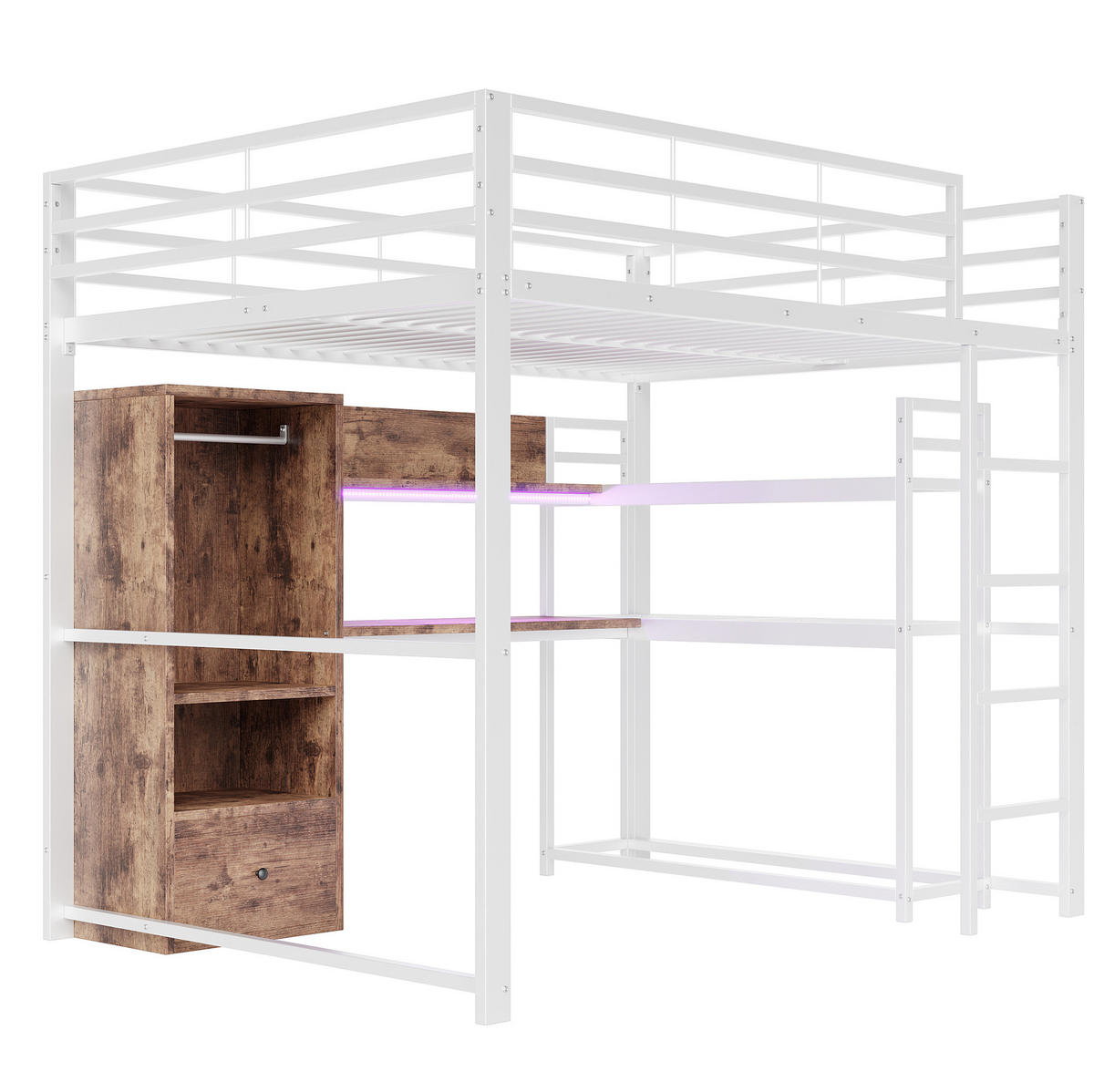 HOCHBETT 140/200 cm in Weiß mit Schreibtisch, Stauraum und LED-Beleuchtung - Weiß, Holzwerkstoff (140/200cm) - Flora Grace