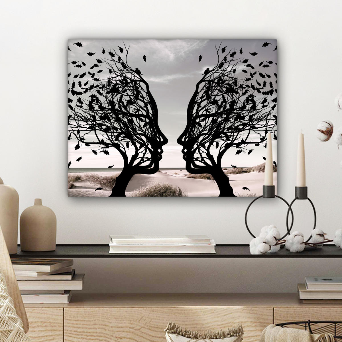LEINWANDBILD Strand - Meer - Menschen - Baum - Moderne Kunst 40x30 cm - Hellgrau, Textil (40/30cm) - MuchoWow