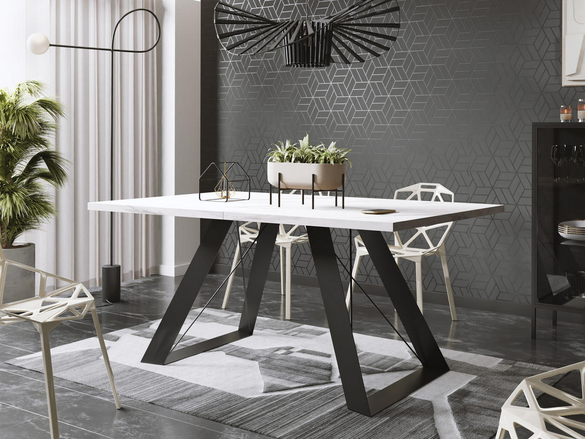 ESSTISCH Colter rechteckig ausziehbar, Marmor Weiß 160-260/90/76 cm - Ecru/Schwarz, Holzwerkstoff/Metall (160/90/76cm) - WFL GROUP