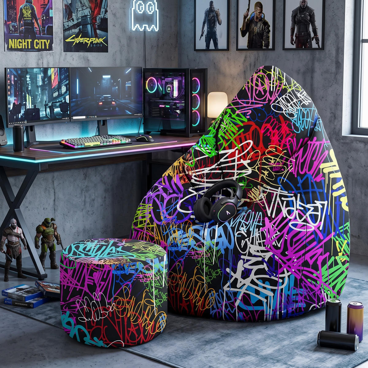 SITZSACK PEARSHAPE MIT FUßSTÜTZE Velvet 2-tlg Graffiti M - Violett, Textil (70/120/70cm) - Dreamroots