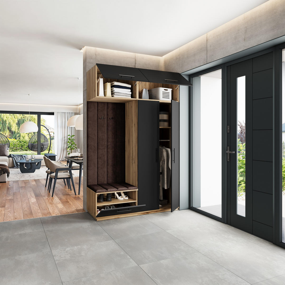 GARDEROBENSCHRANK REMA 150/240/60 cm Modern Garderobe-Set Eiche Wotan - Eiche Wotan/Schwarz, Holzwerkstoff (150/240/60cm) - MASSENO