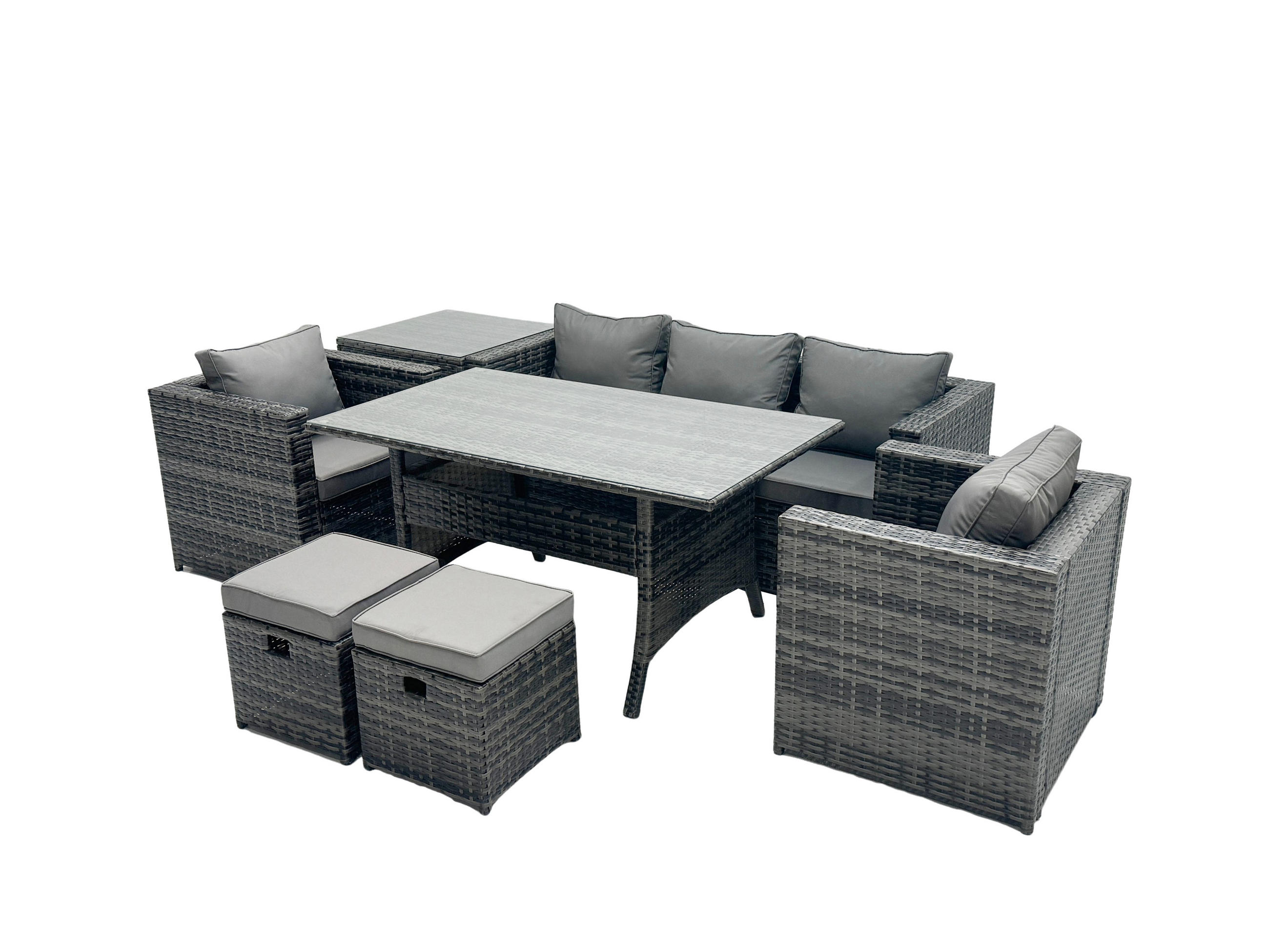 LOUNGEGARNITUR mit Stuhl Polyrattan Dunkelgrau 7-Sitzer - Dunkelgrau/Grau, Glas/Kunststoff - Fimous