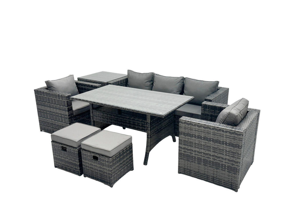 LOUNGEGARNITUR mit Stuhl Polyrattan Dunkelgrau 7-Sitzer - Dunkelgrau/Grau, Glas/Kunststoff - Fimous
