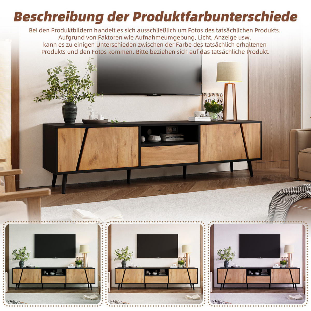 TV-SCHRANK 180x40cm Lowboard Modern Schubladen 2 Schränke Naturholz-Schwarz - Schwarz, Holz (50.8/12.07/64.77cm) - FLIEKS