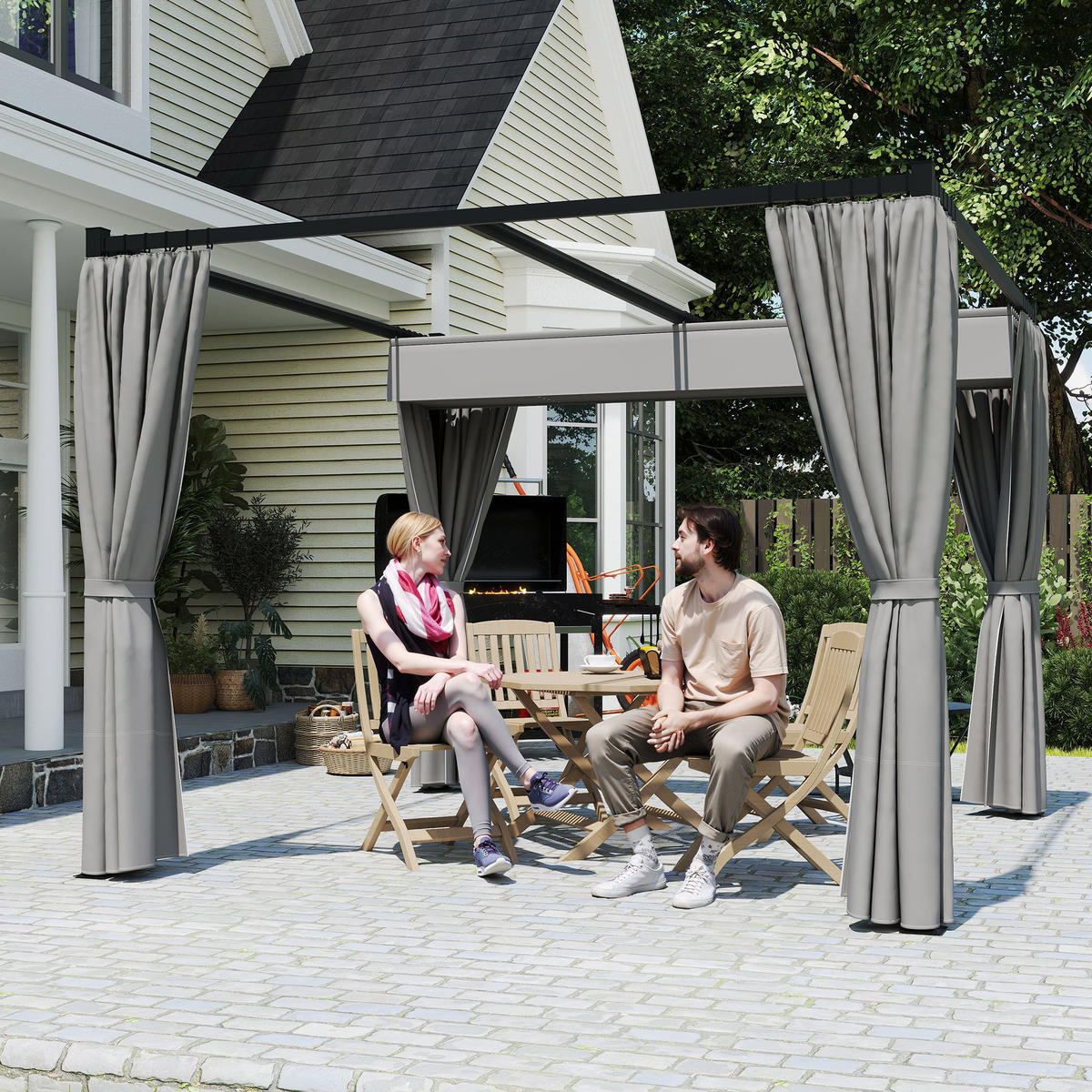 PERGOLA mit Schiebedach 4 Seitenwände Hellgrau 3 x 3 m - Hellgrau, Metall (300/227/300cm) - Outsunny
