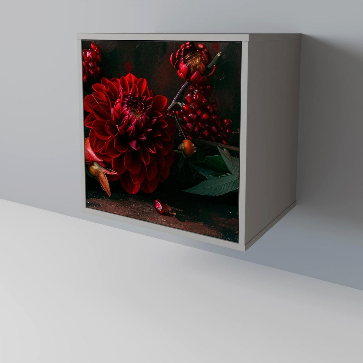 SIDEBOARD DAHLIAS AND POMEGRANATES, Grau, 57,5x42x77,5 cm, Schräge Buchenholzfüße - Buchefarben/Multicolor, Holzwerkstoff/Buchenholz (57.5/77.5/42cm) - SpaceRebels