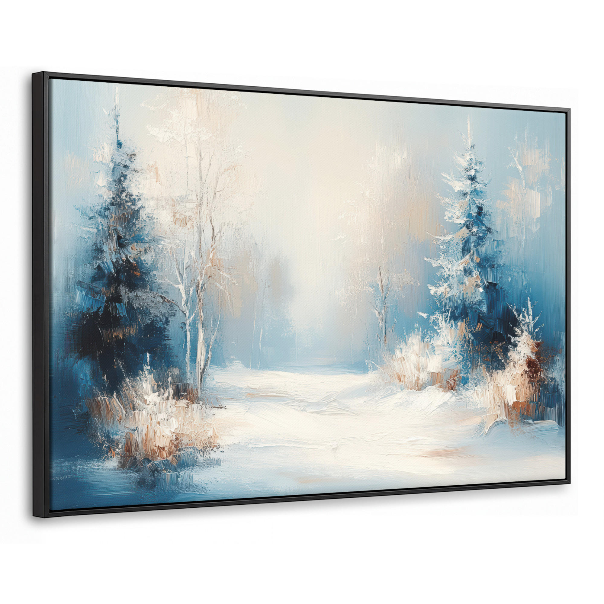 LEINWAND Bilder mit Rahmen - Wald – Winter – Natur – Abstrakt – Schnee - 90x60 - Weiß, Textil (90/60cm) - MuchoWow