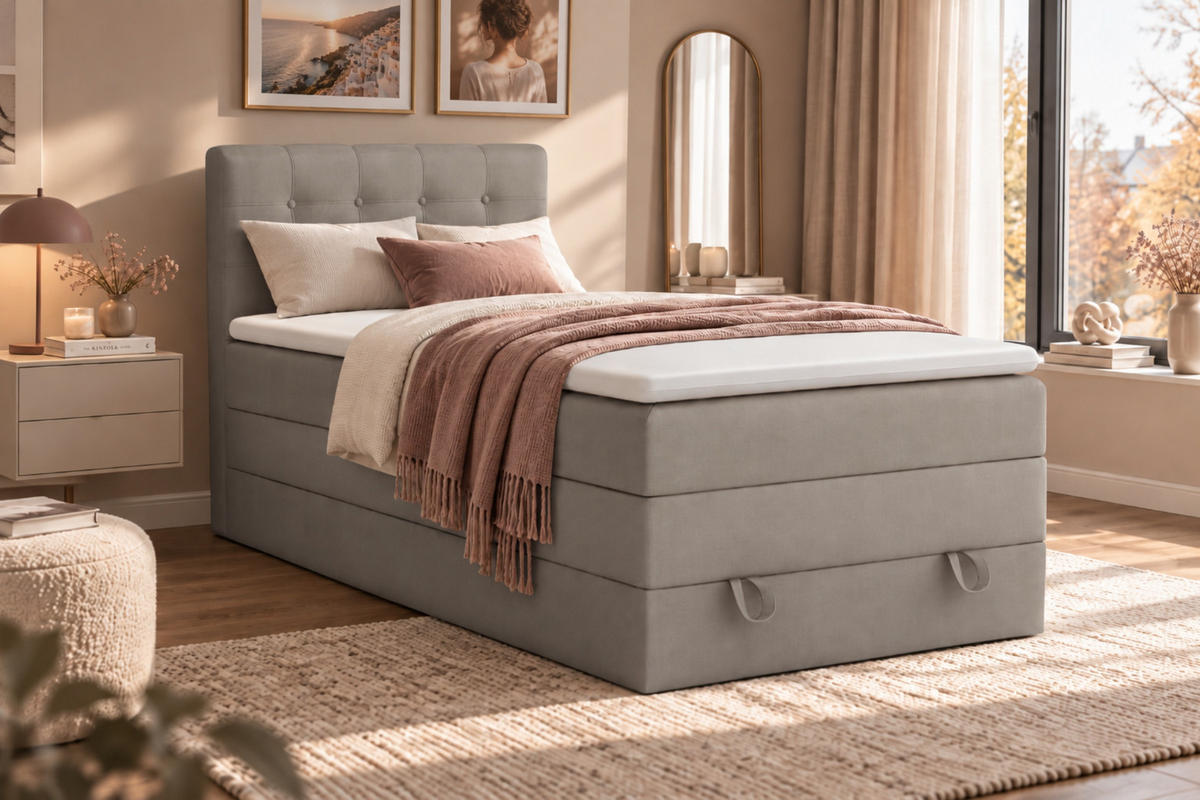 BOXSPRINGBETT JUNG 1 100/200 Velours Hellgrau mit Matratzen H3 + H4 - Hellgrau, Holz/Holzwerkstoff (100/200cm) - Deine Möbel 24