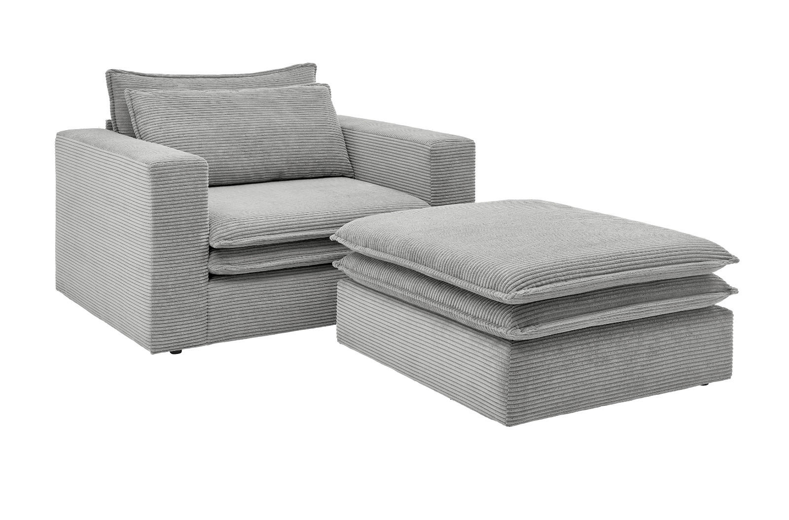 LOVESEAT Set hellgrau Cord, Couch Loungesessel inklusive Hocker - Beige/Hellgrau, Holz/Kunststoff (176/83/125cm) - Furn.Design