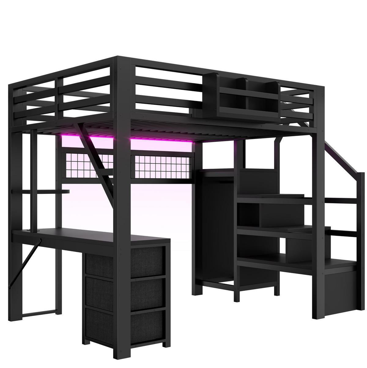 HOCHBETT 140x200 cm in Schwarz mit Schreibtisch, Kleiderschrank und LED-Beleuchtung - Schwarz, Holzwerkstoff (140/200cm) - IVMEU