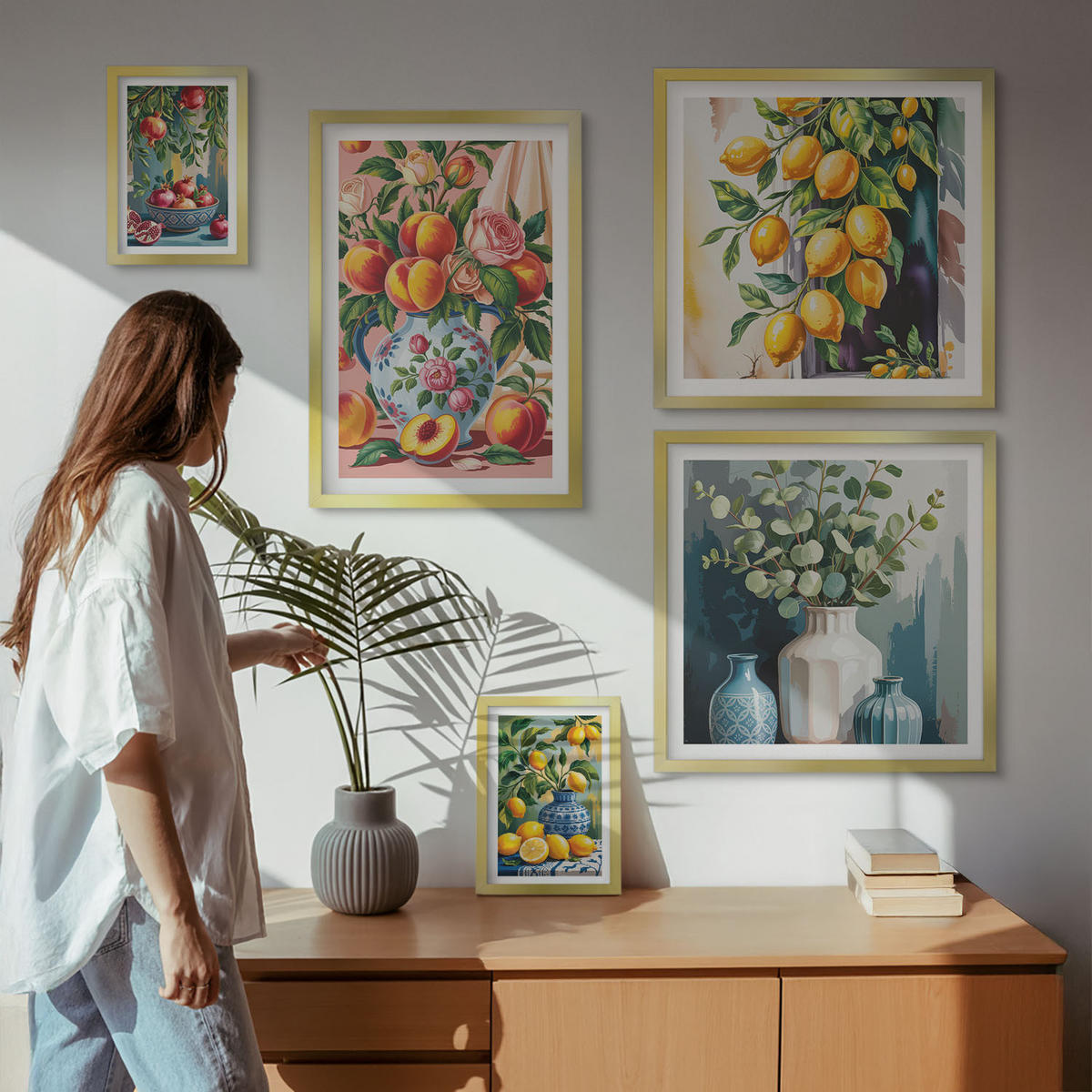 WANDBILDER 5er Set - 50x50 cm & 20x30 cm & 40x60 cm Goldrahmen - Amalfi-Zitronen und -Orangen - Goldfarben, Kunststoff (40/60cm) - ArtPrintCave