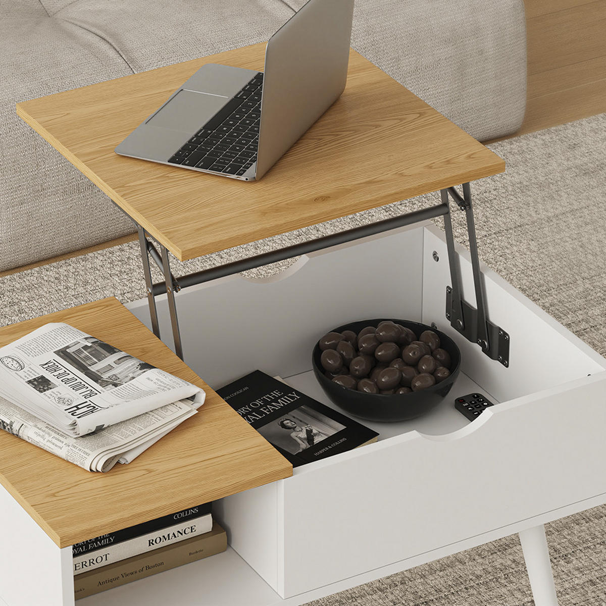 COUCHTISCH Stora Weiß/Eiche 76 x 45 cm mit Liftfunktion - Eichefarben/Weiß, Holzwerkstoff (45/76/40cm) - Vicco