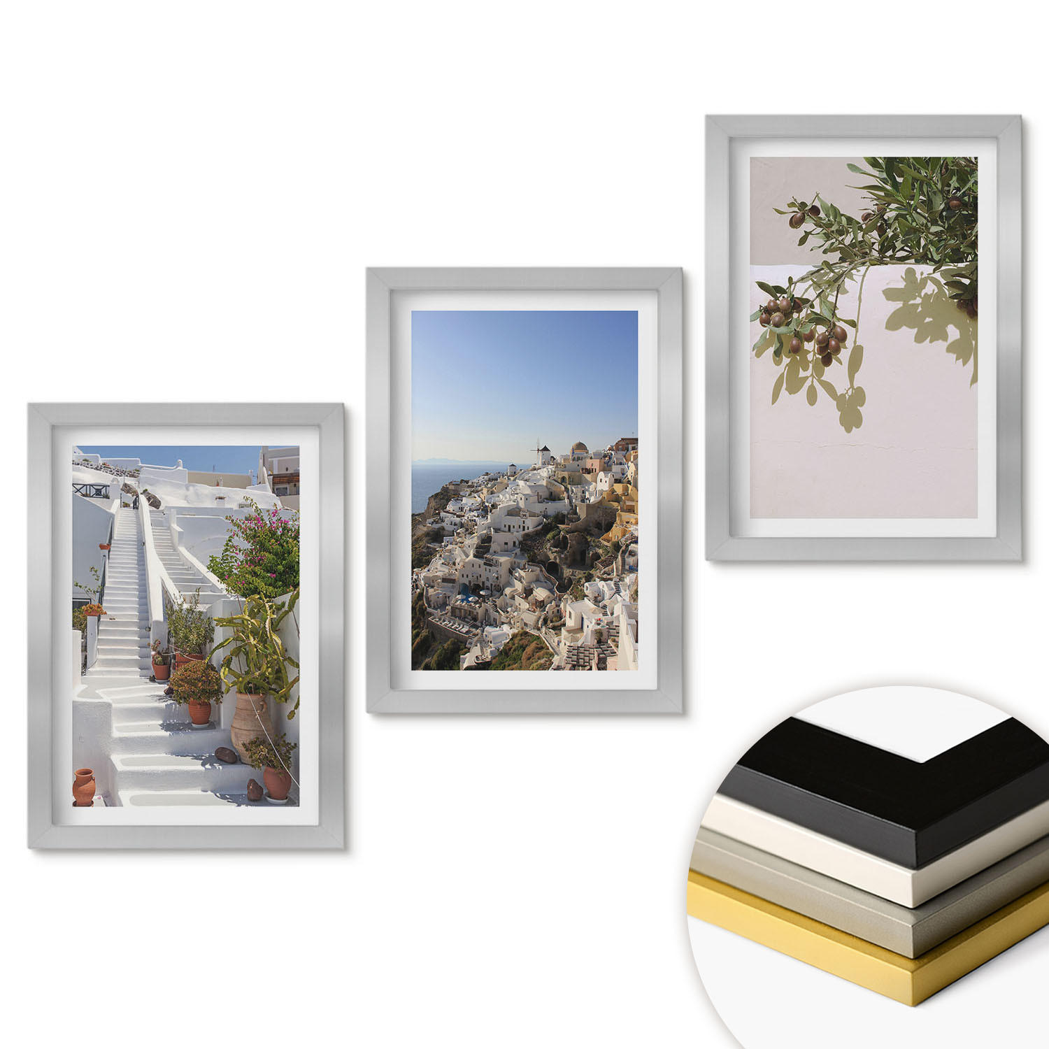 WANDBILDER 3er Set - 20x30 cm Silberner Rahmen - Weiße Treppe mit Blick auf Santorini - Silberfarben, Kunststoff (20/30cm) - ArtPrintCave