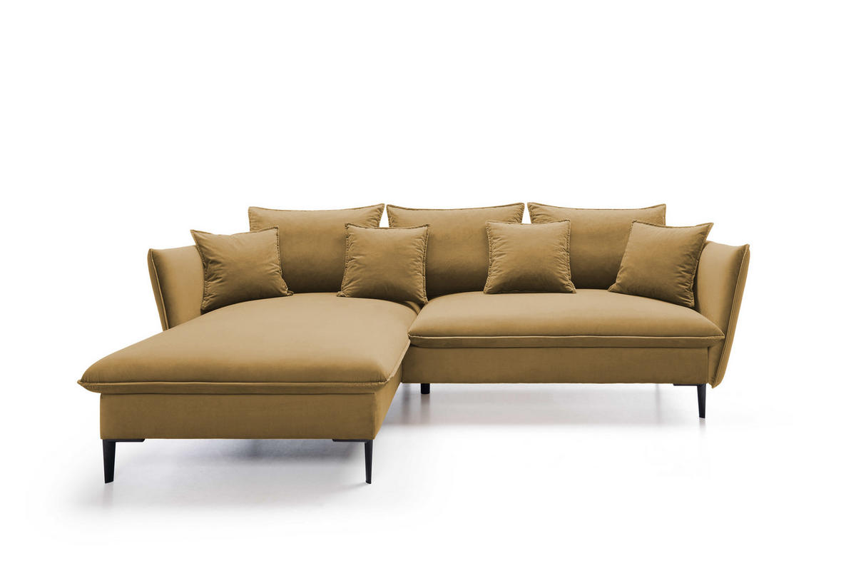 ECKSOFA GLOSS mit Schlaffunktion, Ottomane & goldenen Füßen – Samtsofa im GLOSSour-Stil mit Zierkissen, 258x167x91cm, Linke, LILA - Bordeaux, Holz/Textil (167/258cm) - DomoHome