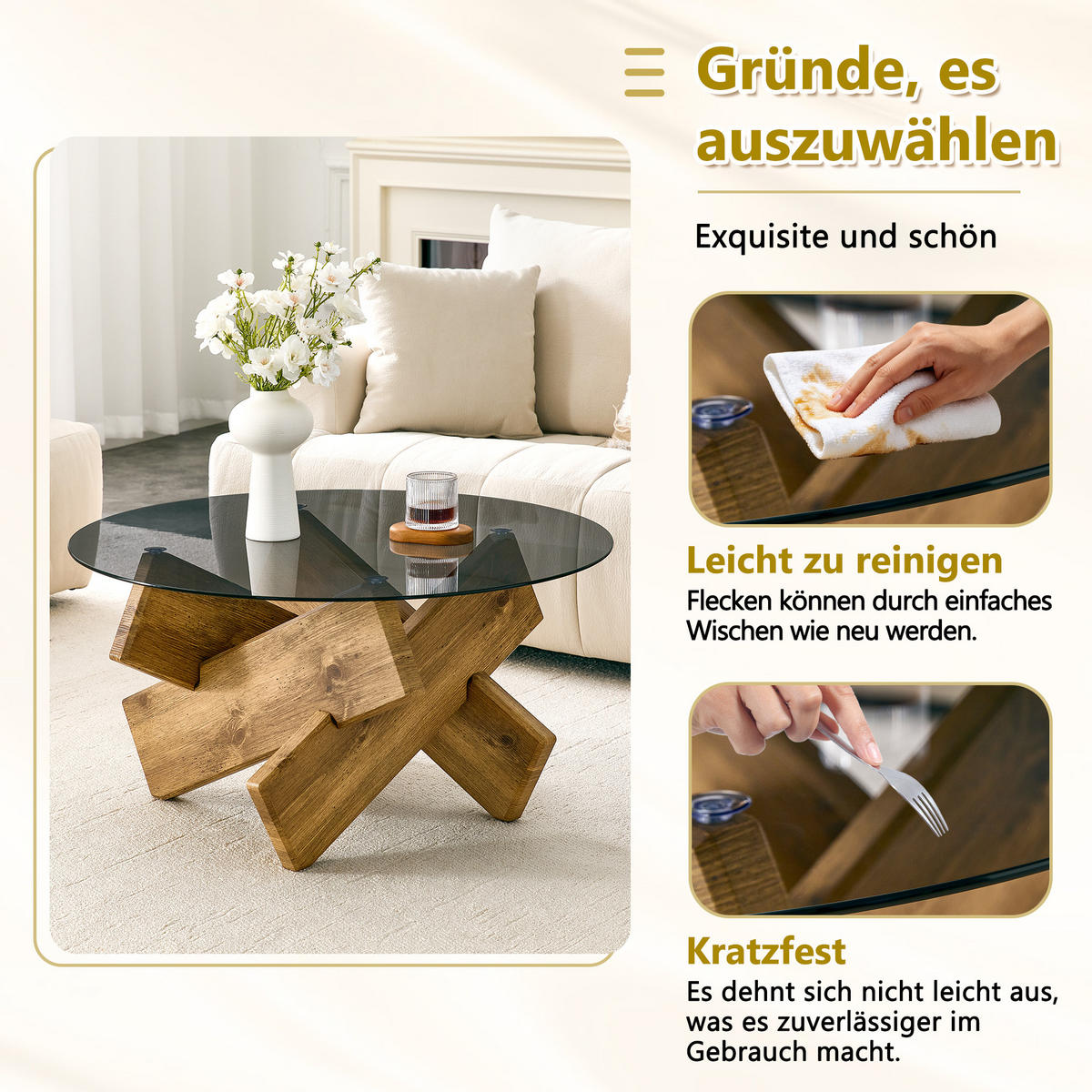 COUCHTISCH DE-37370 rund mit Glasplatte und skulpturalem Sockel Holz - Naturfarben, Holzwerkstoff (79/79/45cm) - ComfortXL