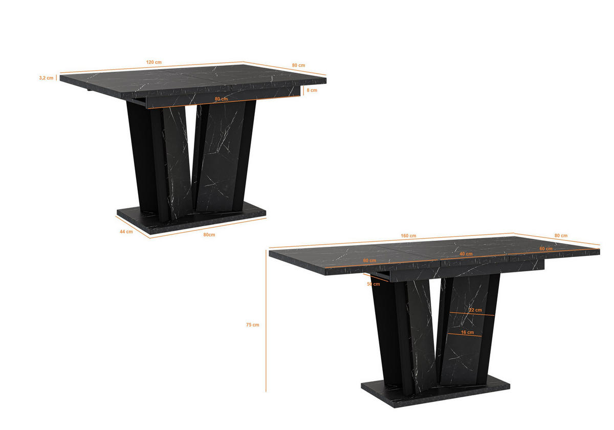ESSTISCH Ausziehbar 120-160 cm Schwarz Marmor-Optik - Schwarz, Holzwerkstoff (160/80/75cm) - Home Collective