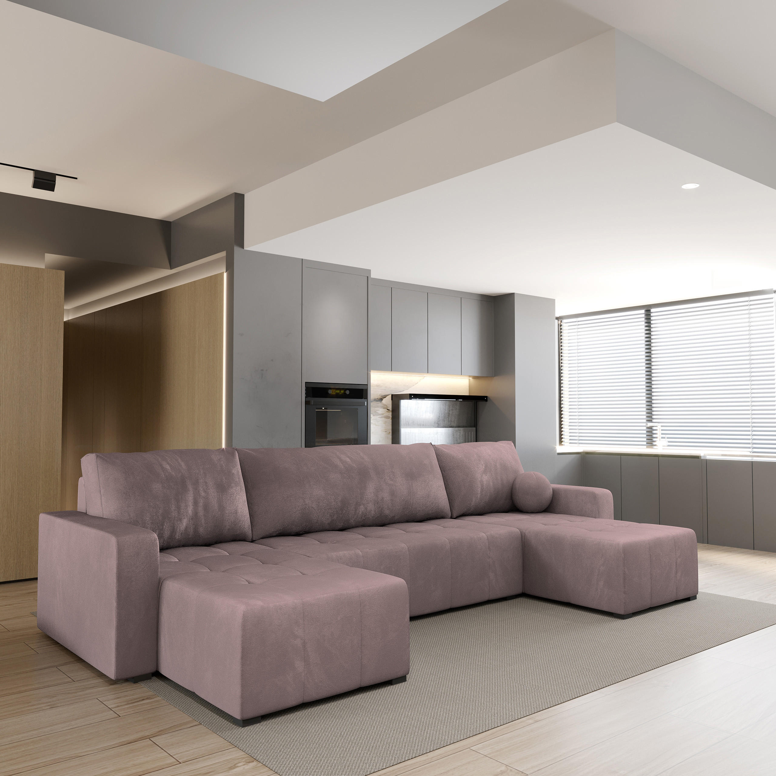 WOHNLANDSCHAFT TOLARI Rosa Plüsch-Stoff mit Schlaffunktion - Rosa, Holz (295/85/140cm) - MASSENO