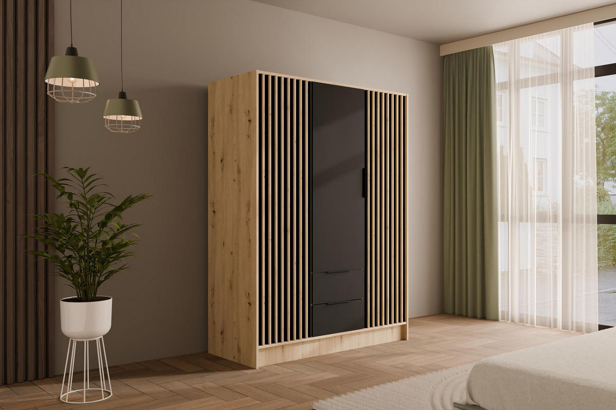 KLEIDERSCHRANK NELIA - 150 cm - Schwarz/Eiche Artisan, Holzwerkstoff (150/200/51cm) - ALTDECOR