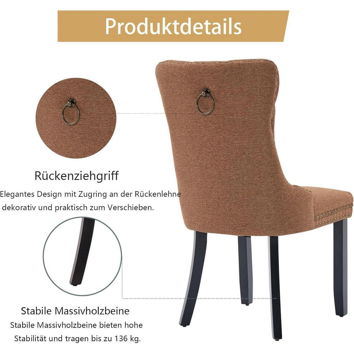 ESSZIMMERSTÜHLE 6er Set Braun Leinenstoff Massivholzbeine - Braun, Textil (44.5/97.5/54.6cm)