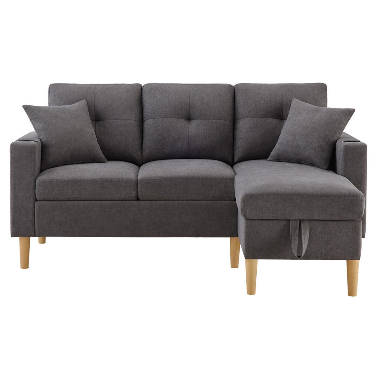 SOFA 3-Sitzer L-Form Chaiselongue Stauraum Kissen - Grau, Holz (129/175cm) - FLIEKS