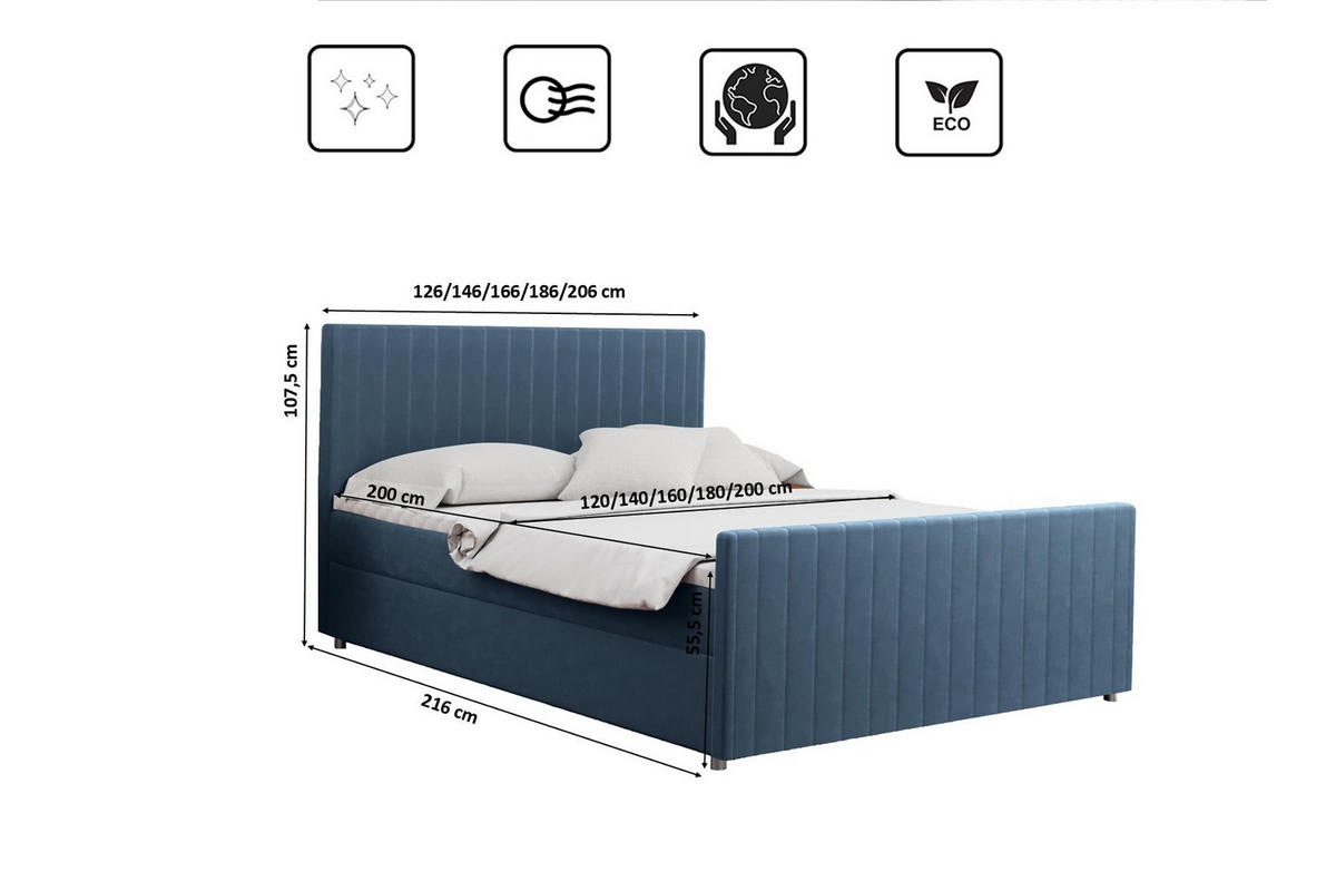 BOXBETT mit Bettkasten Matratze Topper LATINO stoff Velvet 140x200 cm Blau H2-Pocket - Blau, Holz/Holzwerkstoff (140/200cm) - Kaiser Möbel