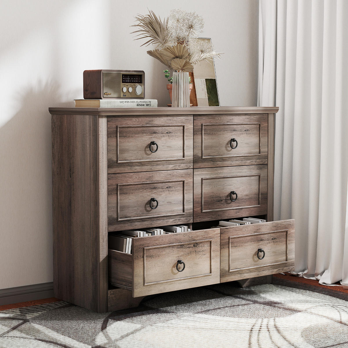 KOMMODE Rustikal 6 Schubladen – Freistehende MDF-Kommode mit Kippschutz, 102 × 40 × 85 cm, Grau - Wildeiche, Holzwerkstoff (102/85/40cm) - Ej. Life