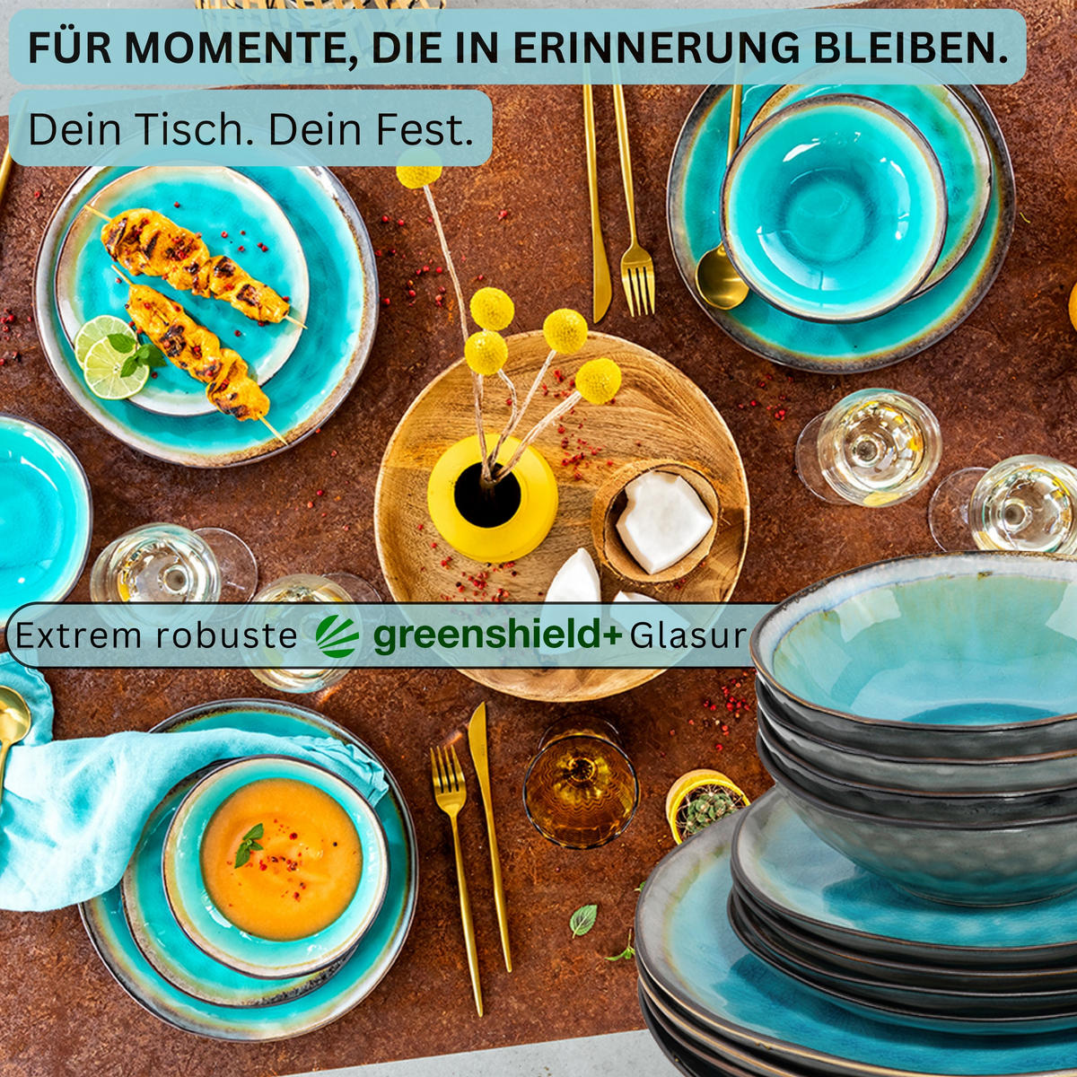 SÄNGER Steingut Geschirrset Capri, Tafelservice 24 teilig für 8 Personen - Pastellblau, Keramik (35.4/33/36.29cm)