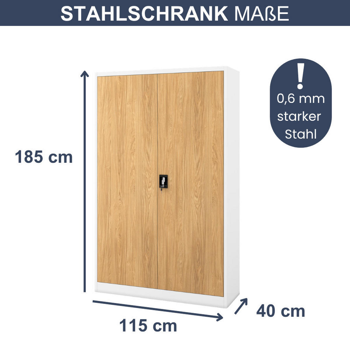 AKTENSCHRANK abschließbar KADO Flügeltüren 185x115x40cm Weiß-Goldene Eiche - Weiß, Metall (115/185/40cm) - DELUKE