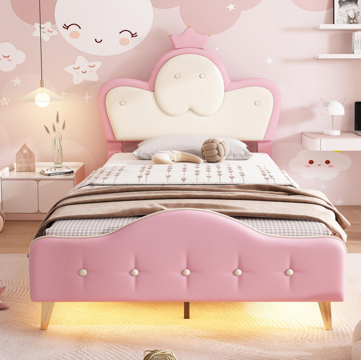 POLSTERBETT mit LED-Beleuchtung 90/200 cm in Rosa/Weiß mit gepolstertem Kopfteil - Weiß, Kunststoff (90/200cm) - BEAOK
