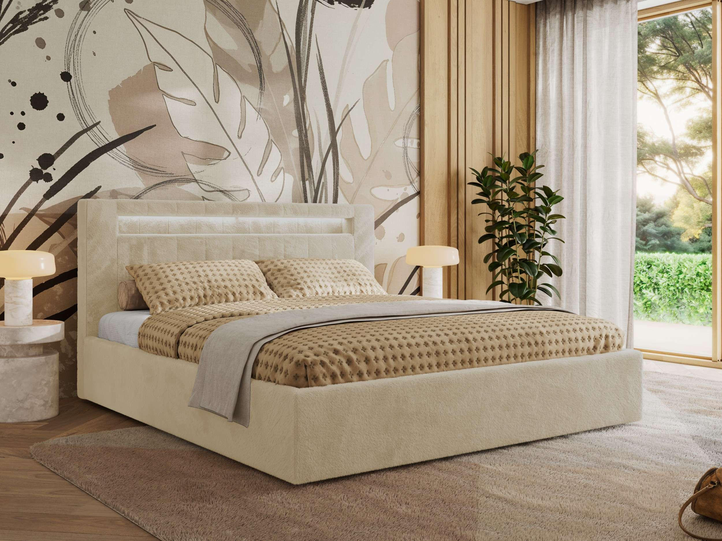 POLSTERBETT GOLD 5 CLASSIC 200/200 - Creme Plüsch - Schaum-Matratze - Creme, Textil (200/200cm) - MKS