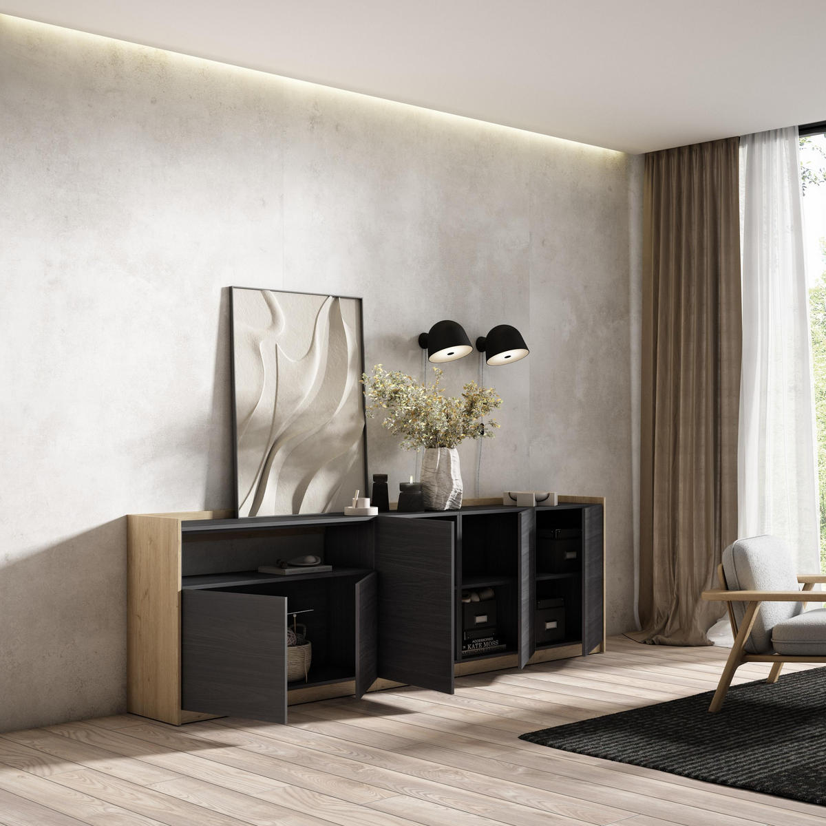 SIDEBOARD, Highboard, Schwarz Eiche, 260/37/80cm - Schwarz, Holzwerkstoff (260/80/37cm) - Skraut Home