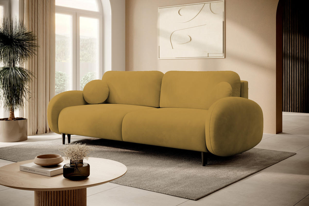 SOFA SOFT RunAgin Mit Schlaffunktion Und Bettkasten, PUR-Schaum, Schwarze Kunststofffüße, lose Rückenkissen, freistehend, 232x109x95 cm Gold-coloured - Goldfarben, Holz/Textil (232/95/109cm) - DomoHome