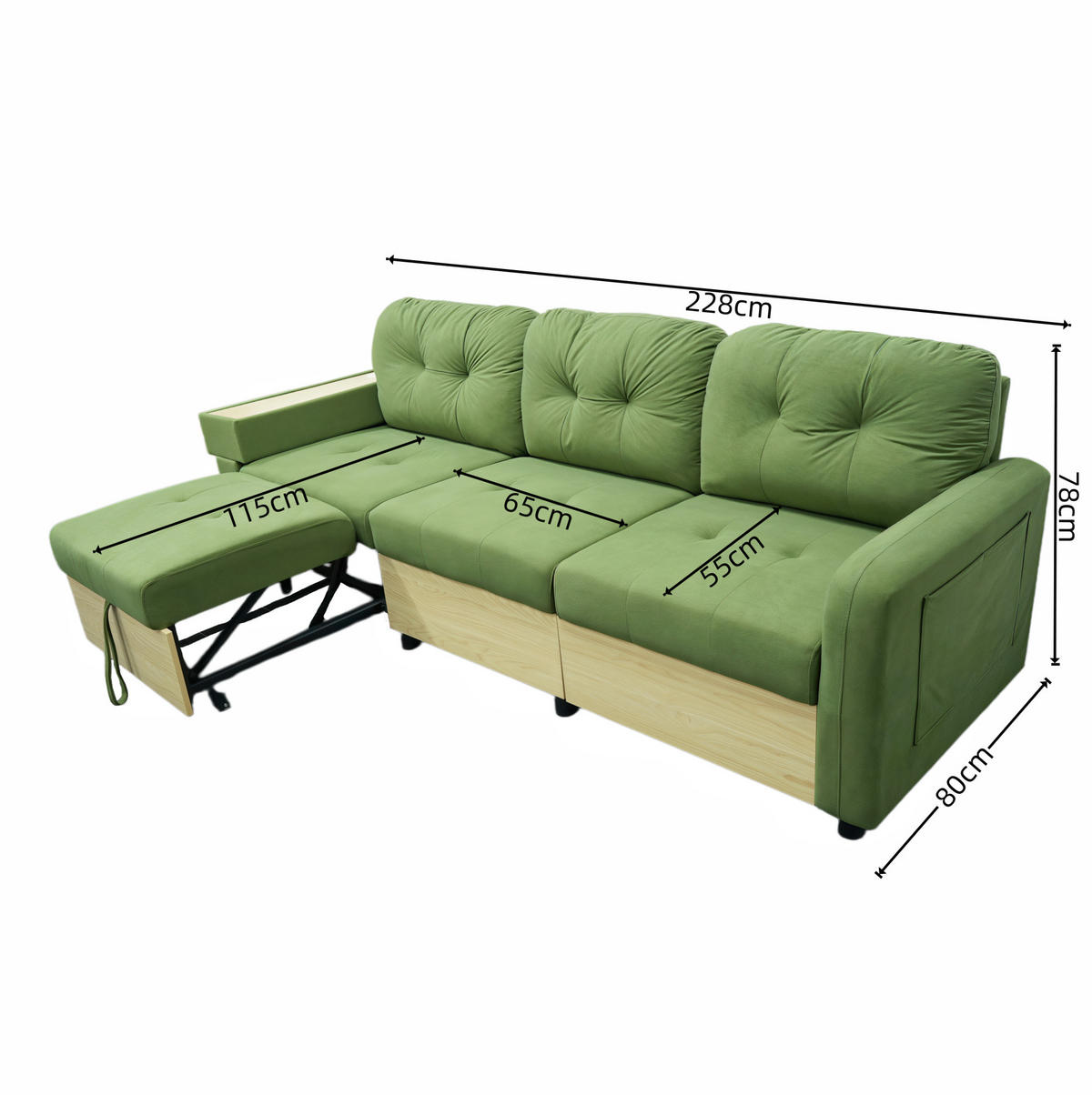 ECKSOFA 228/80/78 cm grün aus Samt mit Stauraum und USB - Grün, Textil (80/228cm) - OKWISH
