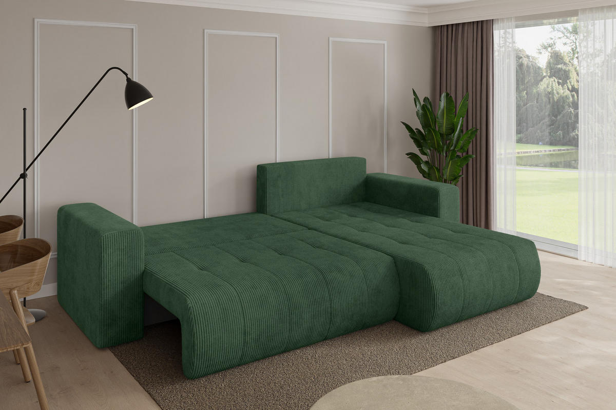 ROHOVÁ SEDAČKA s funkcí spaní, otoman vpravo MILA-L 277x194x86 zelená manšestr - černá/tmavě zelená, kompozitní dřevo/textil (277/194cm) - ALTDECOR