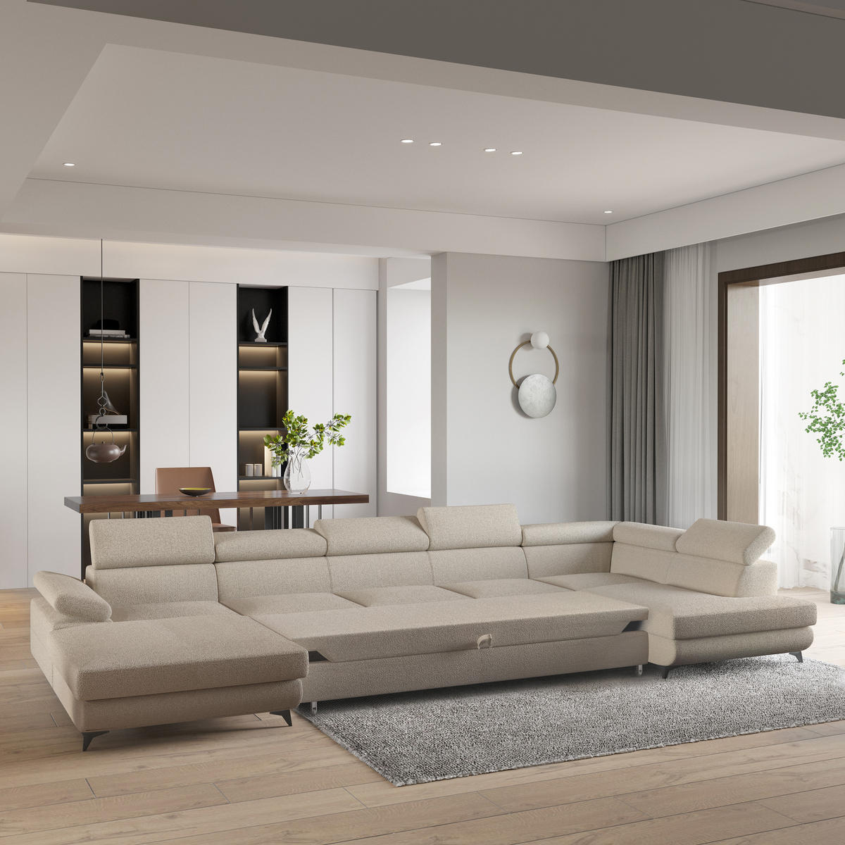 WOHNLANDSCHAFT MONTIVA Beige Boucle-Stoff mit Schlaffunktion - Beige, Holz (410/89/190cm) - MASSENO