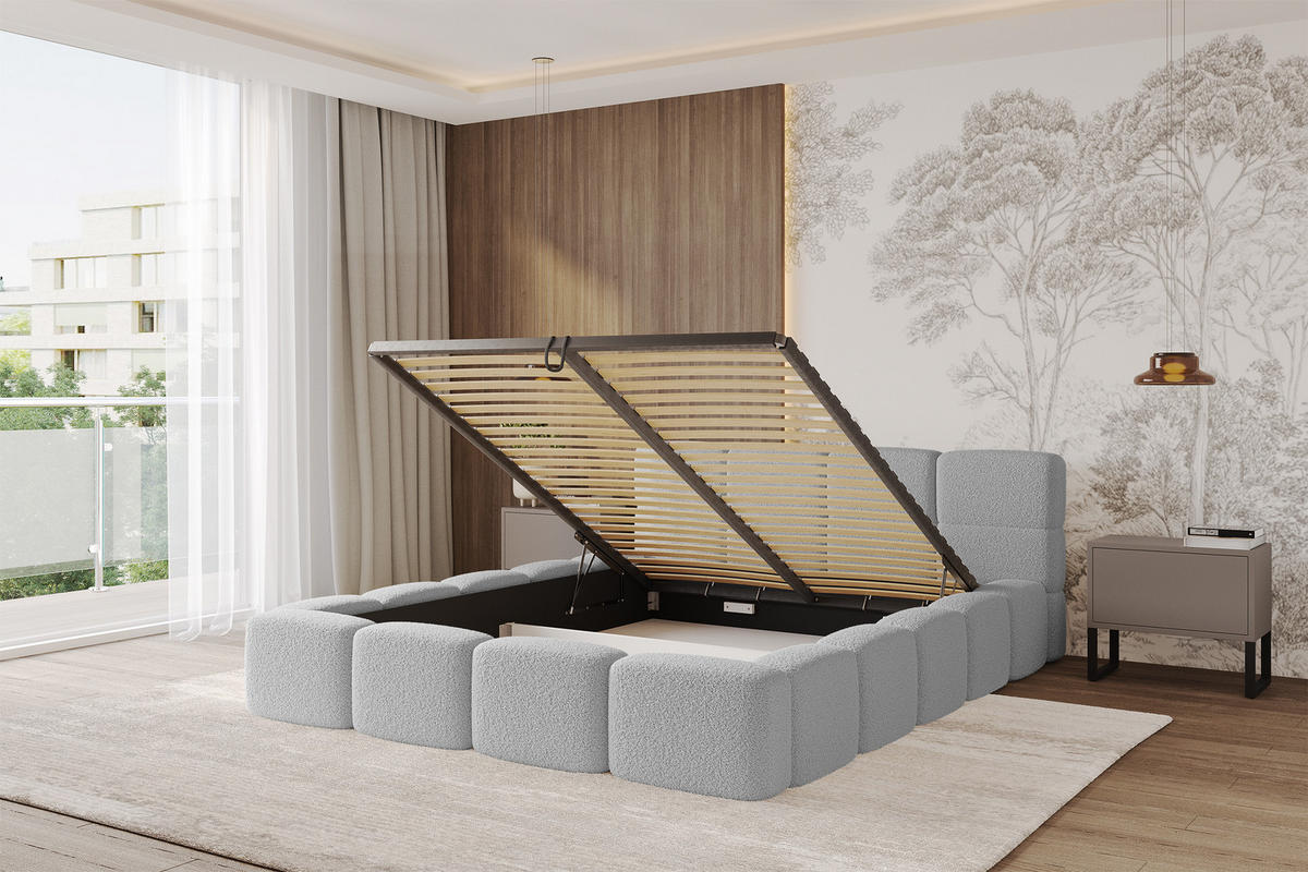 POLSTERBETT mit Bettkasten und Lattenrost, Bett mit Matratze H3/H4, Kopfteil, Boxbett, Doppelbett mit Stauraum - NATA-v1 160x200 Hellgrau - Hellgrau, Holzwerkstoff/Textil (160/200cm) - ALTDECOR