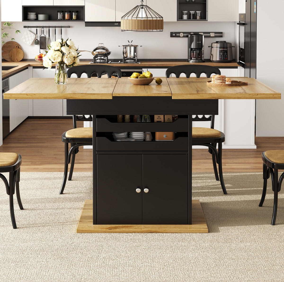 AUSZIEHTISCH 110-140/80/76 cm in Schwarz mit Stauraum für 4-6 Personen - Schwarz, Holzwerkstoff (110/80/76cm) - BEAOK