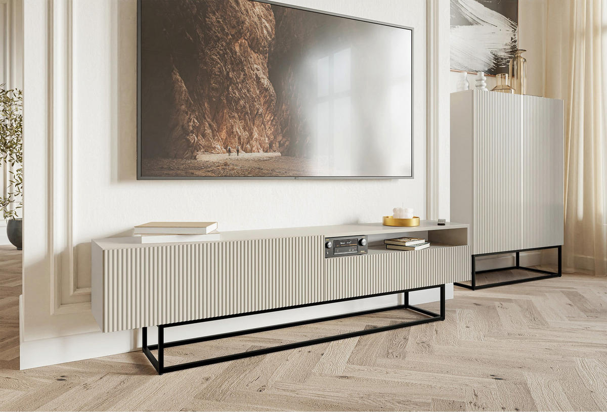 TV stolík Veldio Greige s čiernym kovovým rámom 175 cm - čierna/sivobéžová, kov/kompozitné drevo (175/46.5/31.6cm) - Selsey