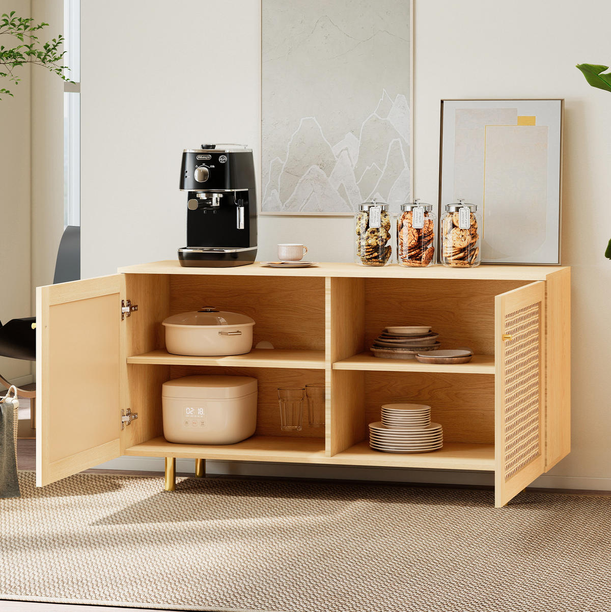 SIDEBOARD 120/40/63 cm mit Rattantüren in Naturholzoptik - Naturfarben, Holzwerkstoff (120/63/40cm) - BEAOK