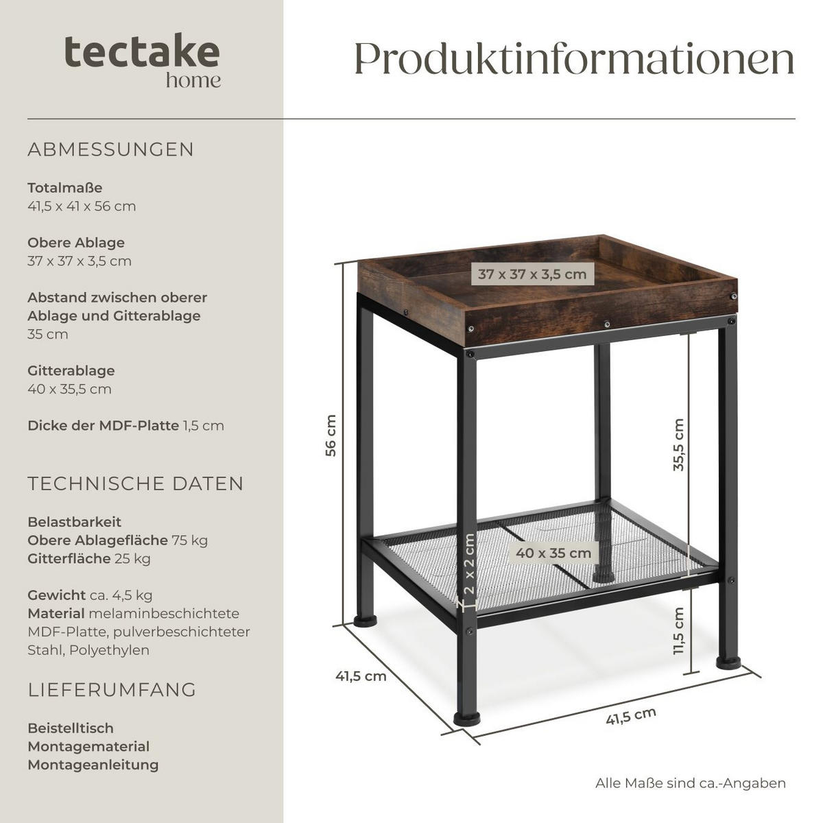 BEISTELLTISCH Rochester,41,5 x 41 x 56 cm,Industrial Holz dunkel, rustikal - Rostfarben, Holz (41.5/41/56cm) - tectake