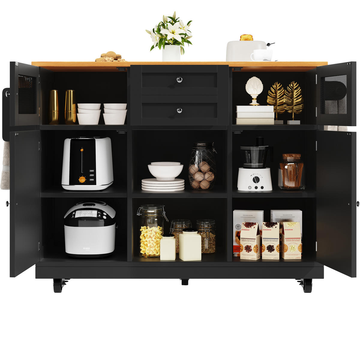 KÜCHENINSEL 140/40/93,5 cm schwarz mit klappbaren Seitenplatten - Schwarz, Holzwerkstoff (140/93.5/40cm) - OKWISH