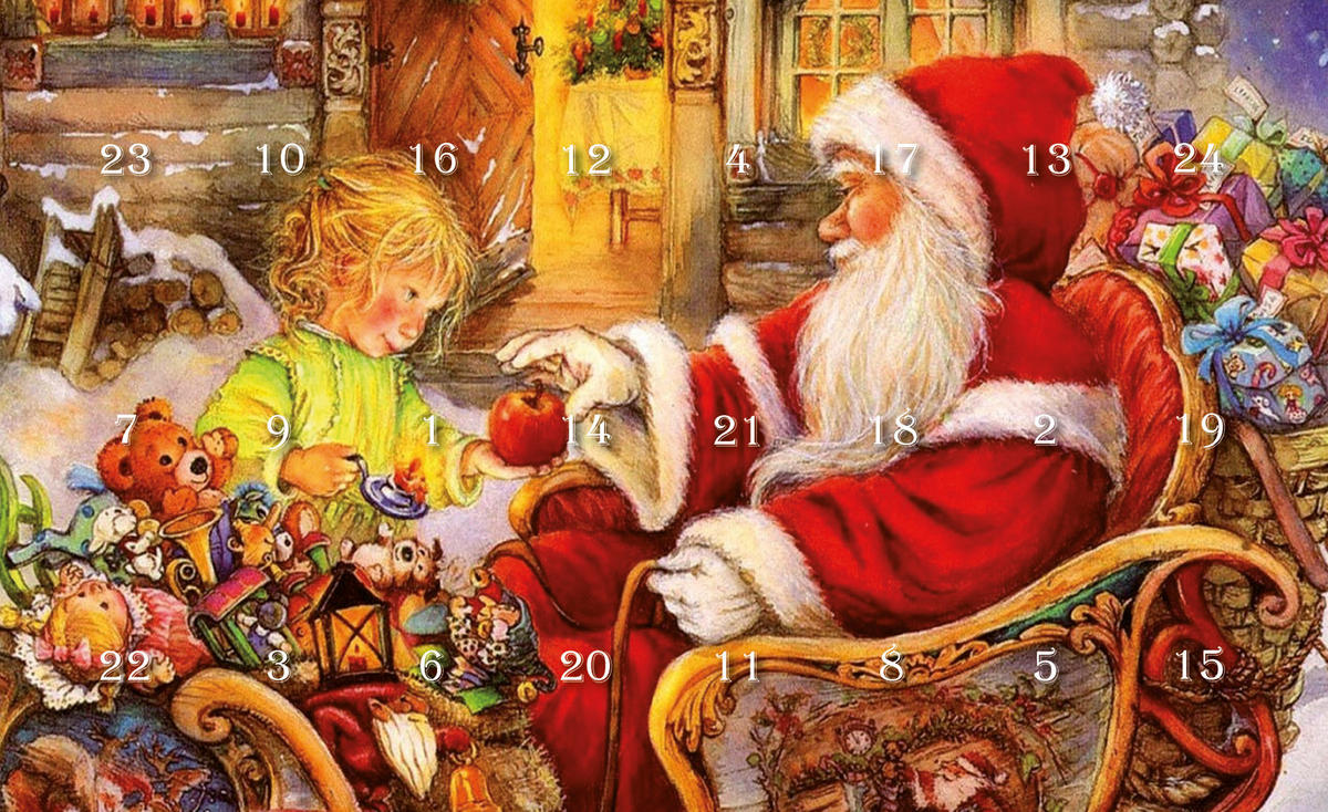 CHRISTBAUMSCHMUCK Adventskalender Santa mit Mädchen Mehrfarbig 4cm (Glas / 24 Stk.) - Multicolor, Glas (3/4/3cm) - Krebs Glas Lauscha