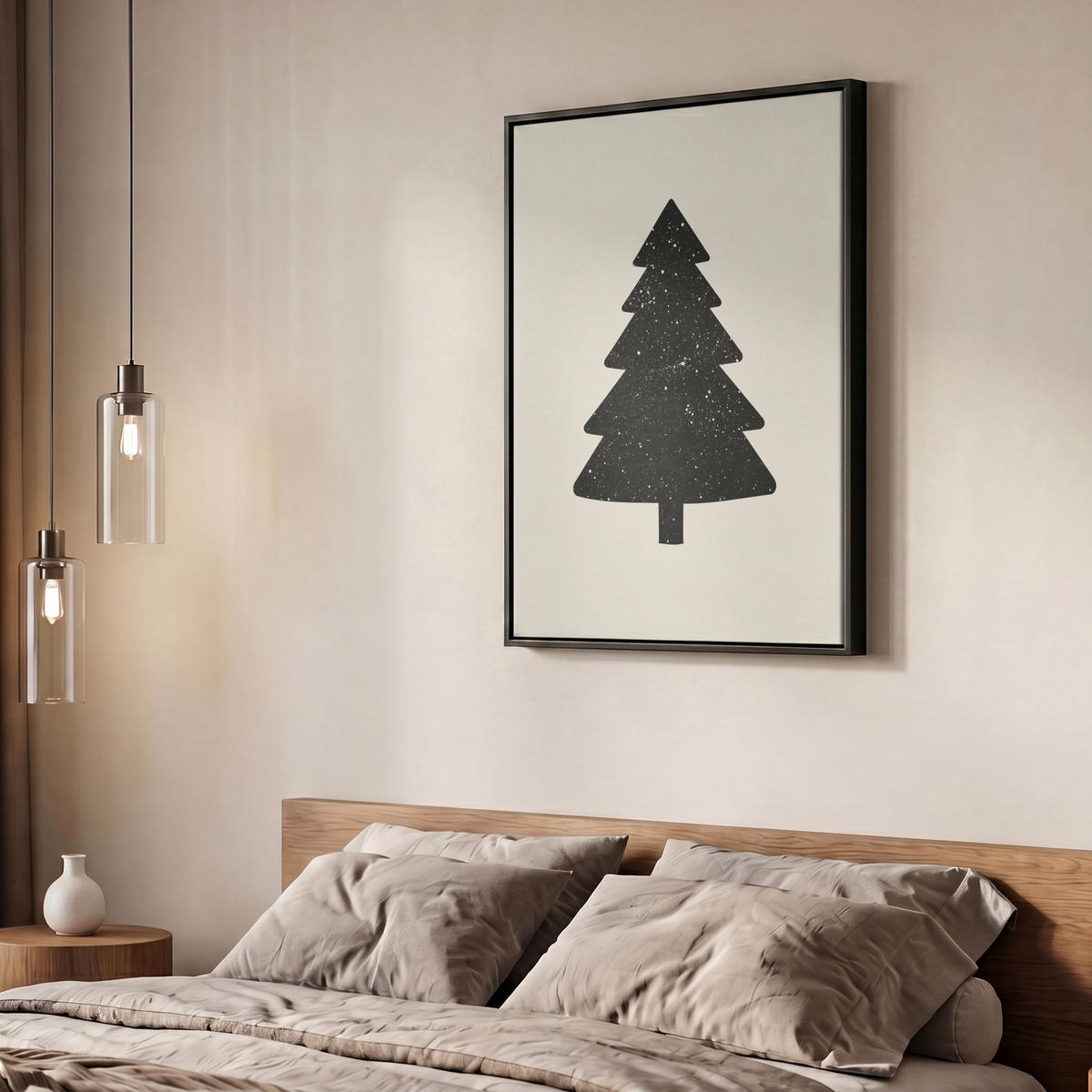 LEINWAND Bilder mit Rahmen - Weihnachtsbaum - Schwarz - Urlaub - Beige - 60x80 - Schwarz, Textil (60/80cm) - MuchoWow