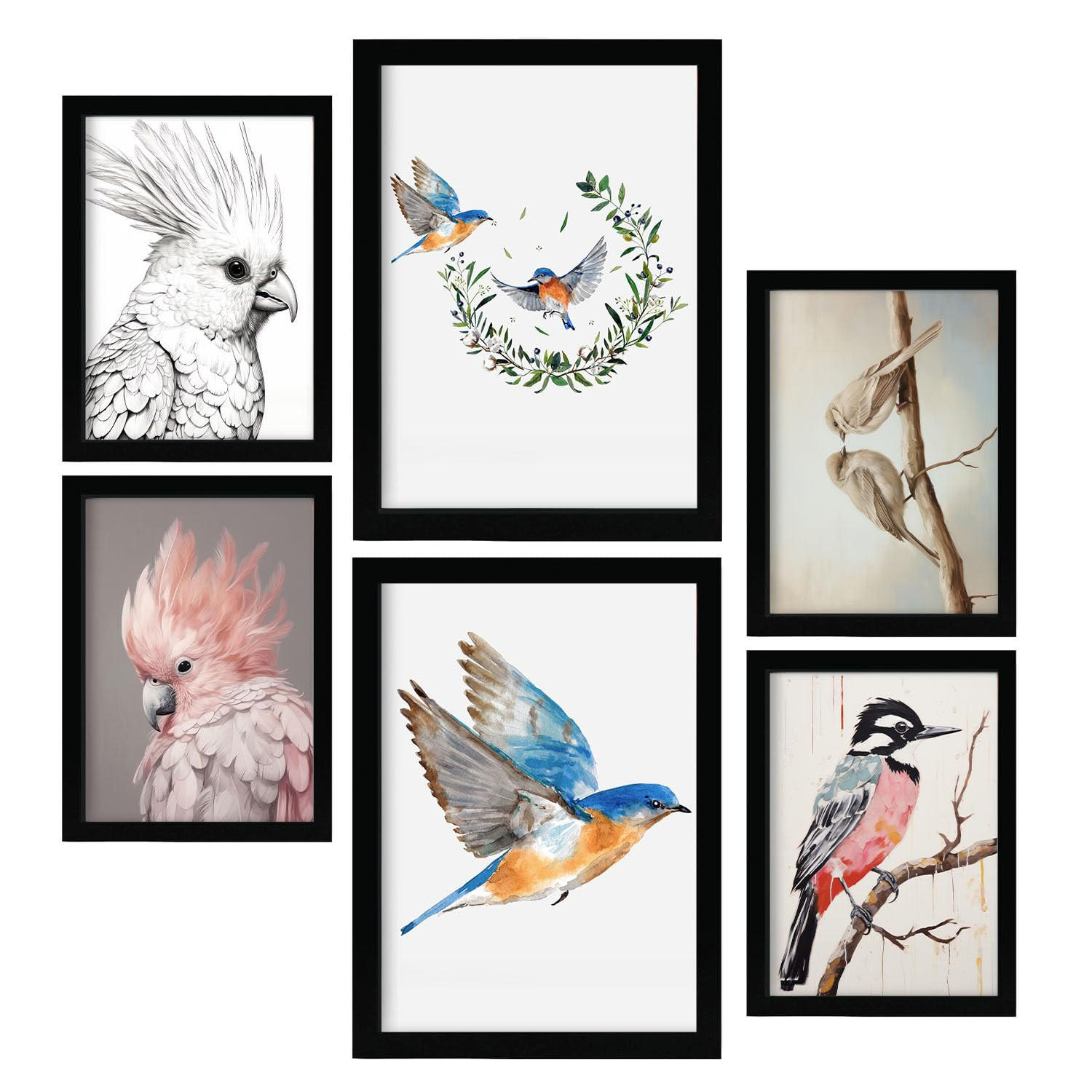 POSTER Set Mit 6 Vogelsammlungen A3 & A4 Schwarzer Rahmen - Schwarz, Papier (29/3cm) - Nacnic
