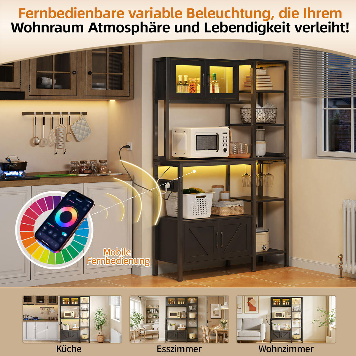 BUFFET 115/40/180 cm Schwarz mit LED-Lichtern, Barregal, Aufbewahrungsfunktion und Weinglashalter - Schwarz, Holz (115/180/40cm) - Oxeza