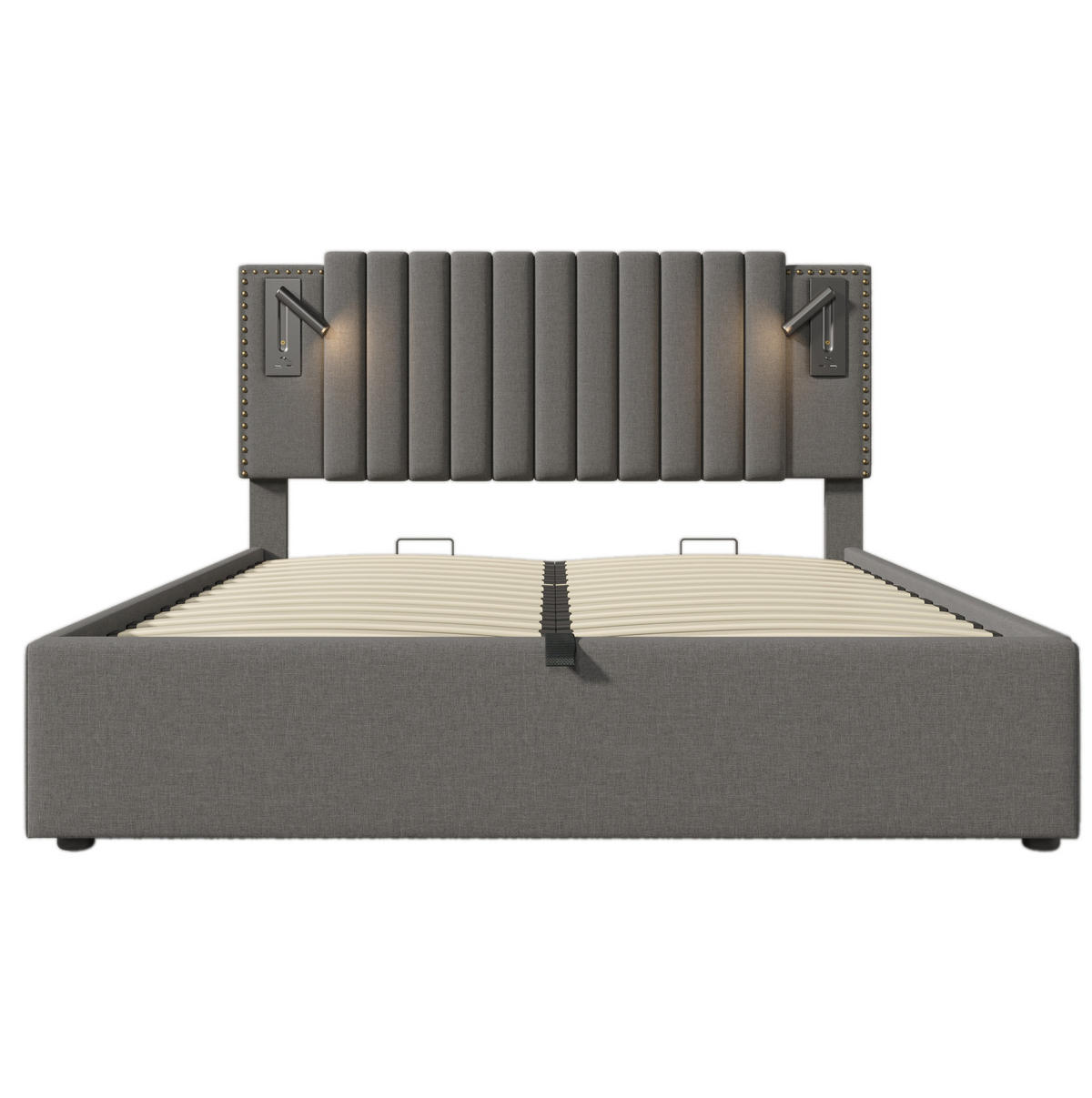 POLSTERBETT 180/200 cm grau aus Baumwolle mit Stauraum USB-C und Leselicht - Grau, Textil (180/200cm) - OKWISH