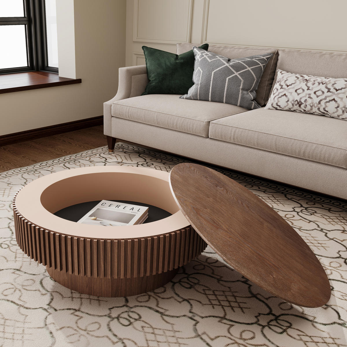 COUCHTISCH DE-37318 rund mit verstecktem Stauraum und Rillendesign Walnuss - Walnussfarben, Holzwerkstoff (75/75/35cm) - ComfortXL