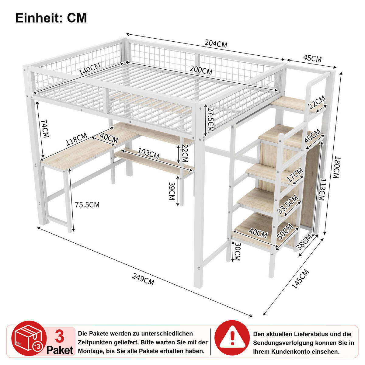 HOCHBETT 140/200 cm in Weiß mit Schreibtisch, Regal und Schrank - Weiß, Holzwerkstoff/Metall (140/200cm) - CHICFURN