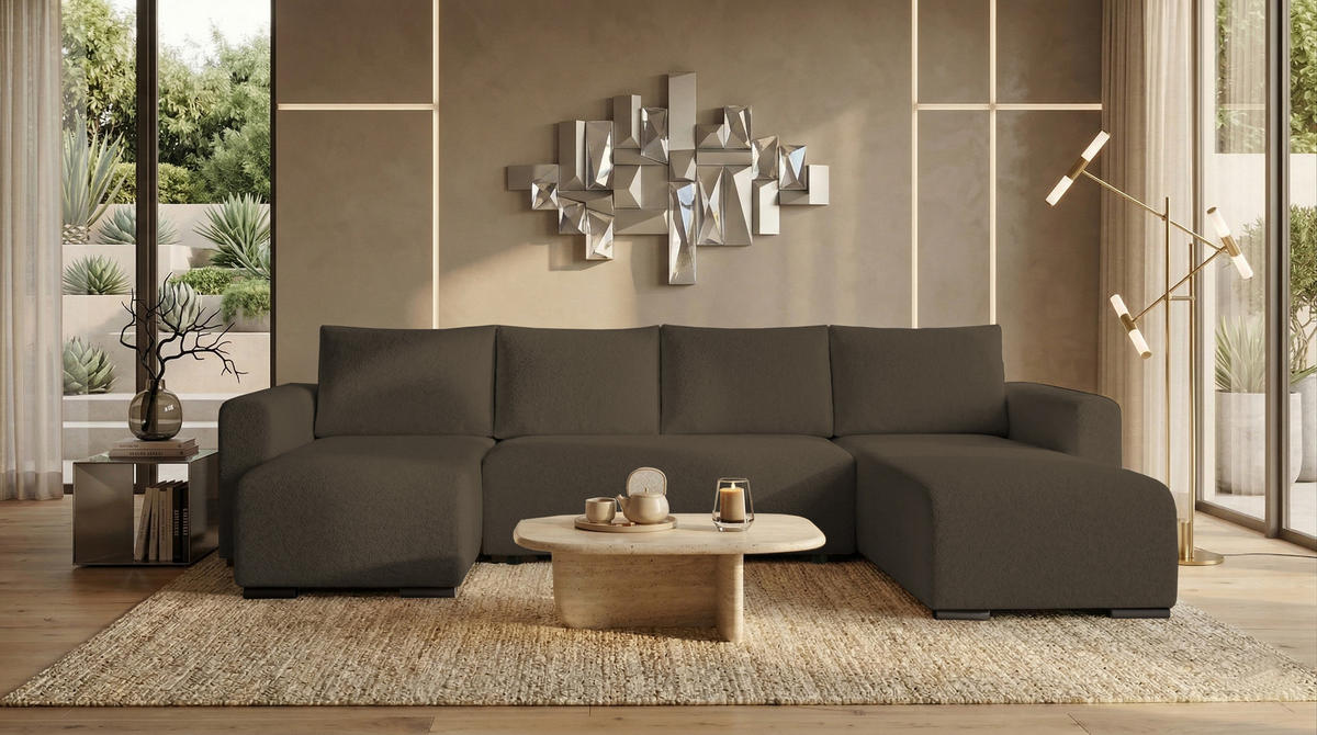 WOHNLANDSCHAFT DORA U mit Bettkasten und Schlaffunktion, U-Form, bequem - Dunkelbraun, Textil (305/85/140cm) - Storez24